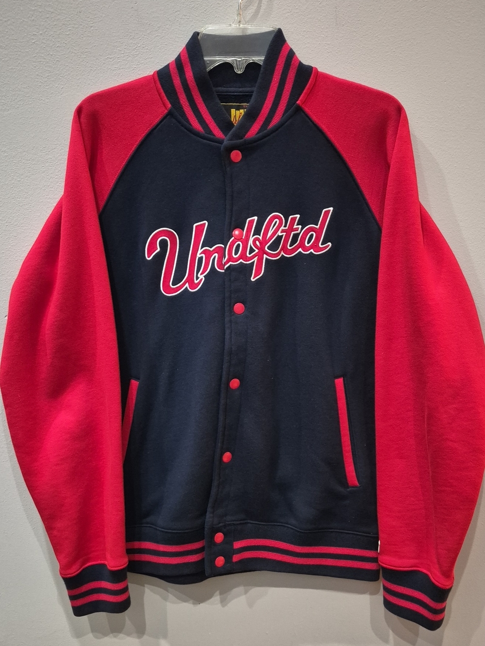 Undefeated Mens M Fleece Varsity Jacket Baseball Red Navy Tackle Twill Logo